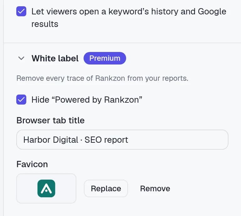 White label settings: hide “Powered by Rankzon”, browser tab title and favicon