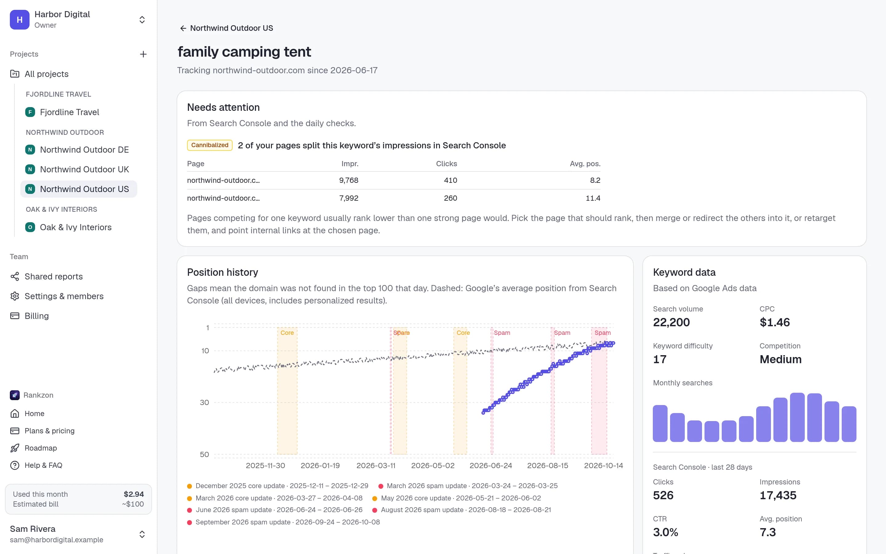 A cannibalized keyword in Rankzon, with the two competing pages and their impressions and clicks
