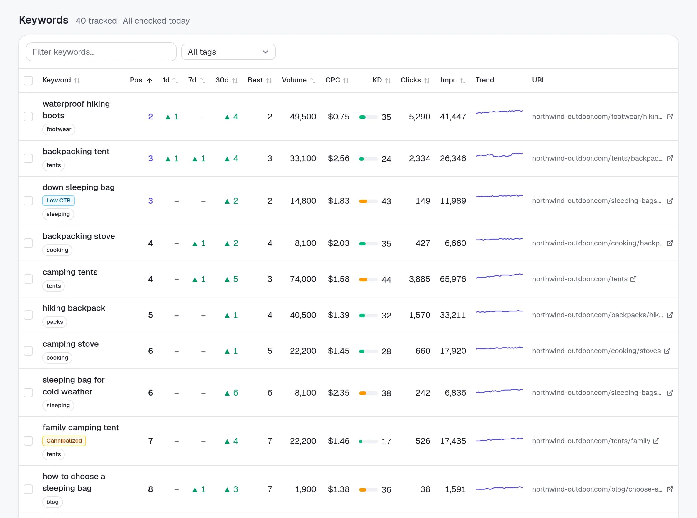 Rankzon's keyword table with Search Console clicks and impressions next to each keyword's position