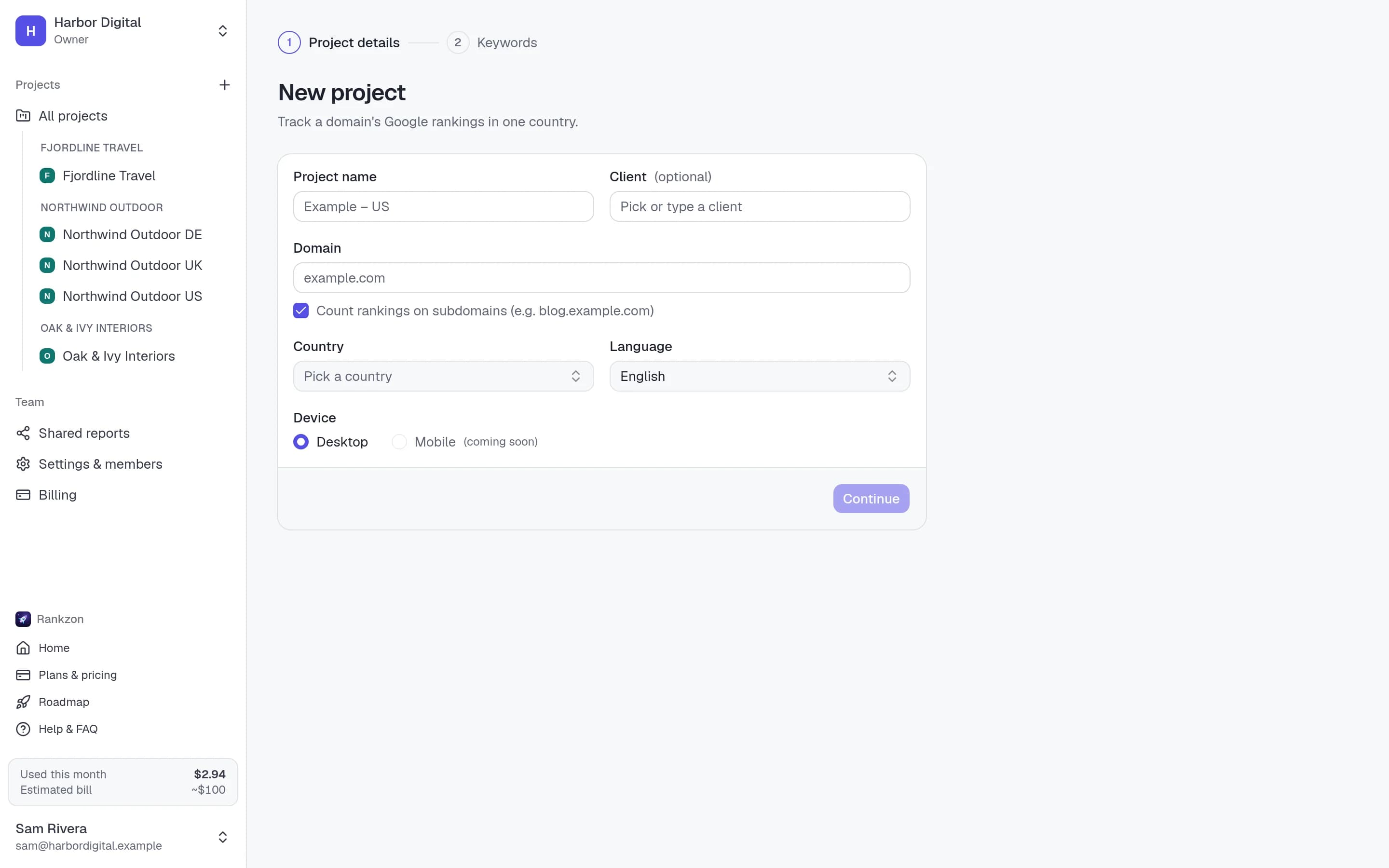 Rankzon's project form: domain, searchable country picker and search language