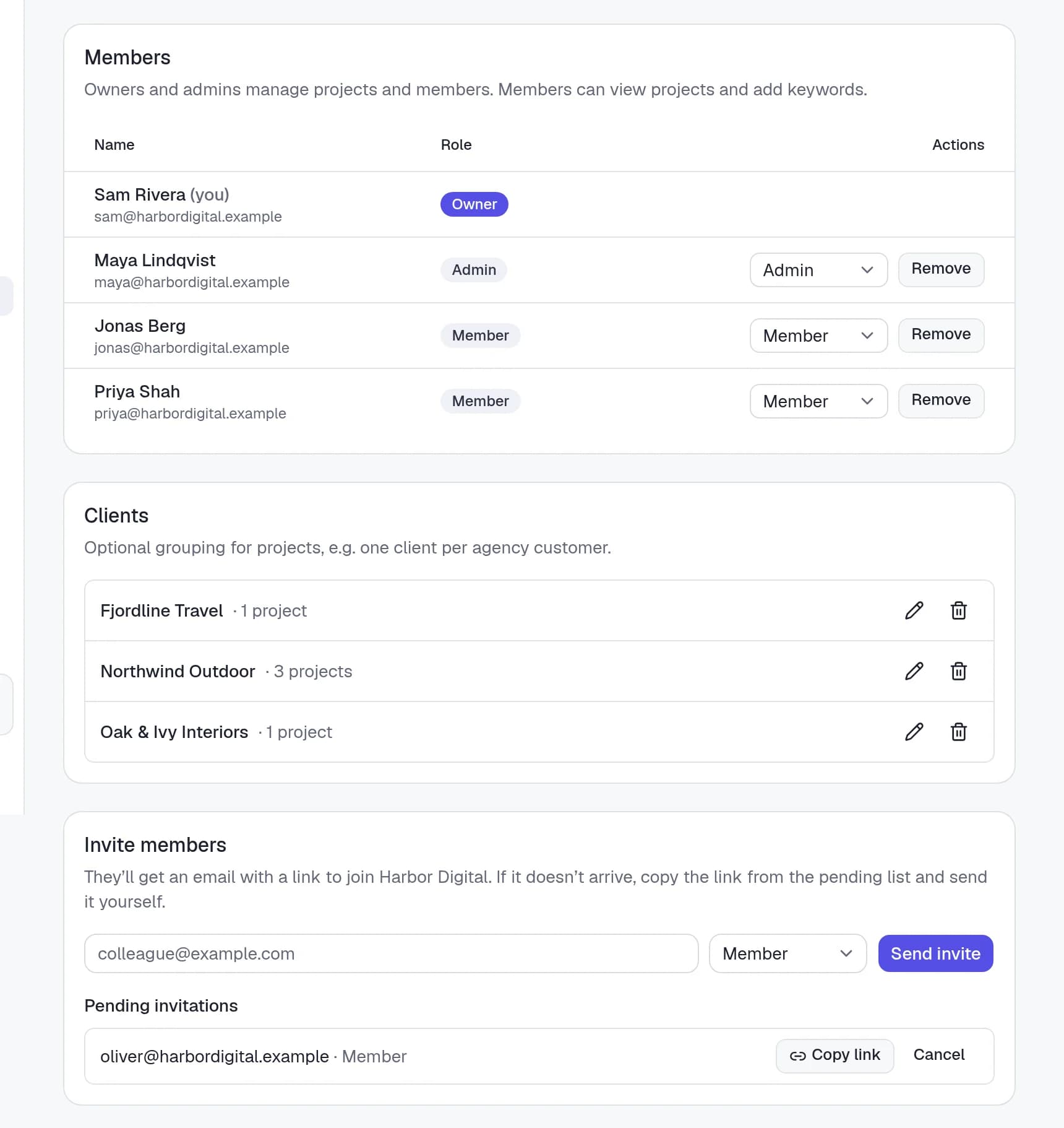 Team settings in Rankzon: members with owner, admin and member roles, and pending invitations